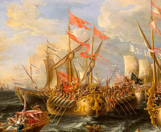 The Battle of Actium took place on the 2nd September 31 BC. Painting by Laureys a Castro in 1672. Source: Public domain