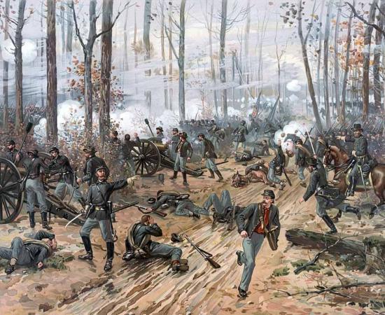 The Battle of Shiloh by American illustrator Thure de Thulstrup. 				Source: 	Adam Cuerden / Public domain