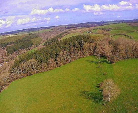 Castle Hill, Devon, potential location of the Battle of Cynuit, aerial view taken by drone.  
