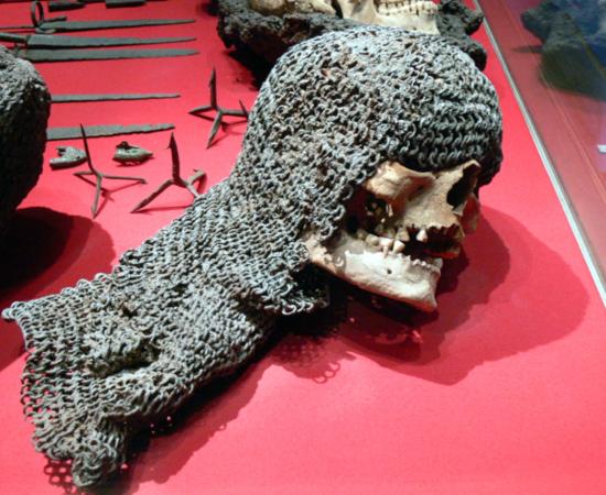 Battle of Visby skull in chainmail, recovered from a mass grave on Gotland.