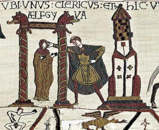 Scene 15 of the Bayeux Tapestry shows Ælfgyva, a cleric and a nude man in the lower border.