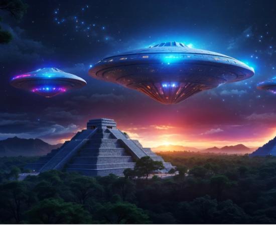 AI generated image of alien spaceships visiting the Maya.