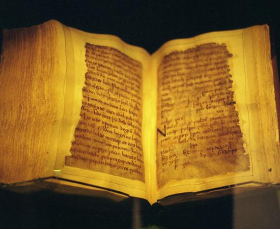 The codex, opened to a page of Beowulf 