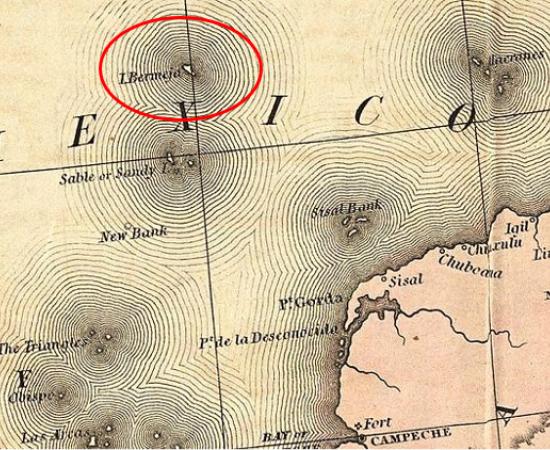 Old map showing the Mexican phantom island Bermeja