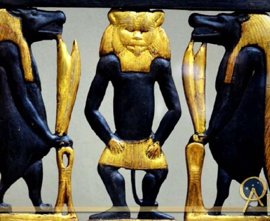 Detail from the richly decorated wooden chair or ‘throne’ of Sitamun, daughter and later wife of Amenhotep III, which was found in KV46. The image shows richly gilded images of Bes and two Tawaret figures; design by Anand Balaji 