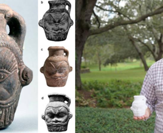 Left; Drinking vessel in shape of Bes head; El-Fayūm Oasis, Egypt. Right; Prof. Tanasi with the 3D digital model of the mug.