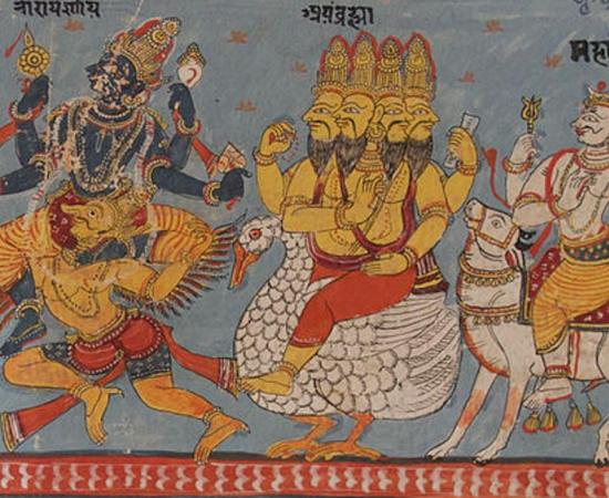 A page of a Bhagavata Purana illustrated manuscript in Devanagari. Illustration depicts Vishnu, Brahma and Shiva seated on their respective vahanas. 