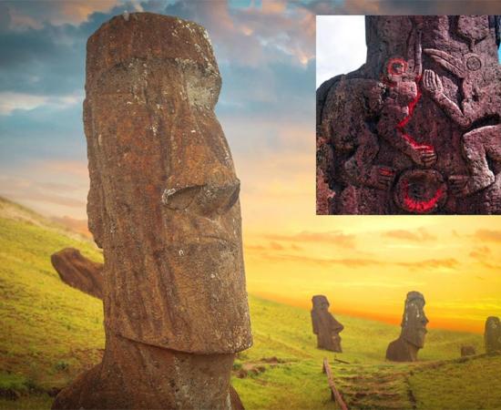 Main: Group of Moai monoliths during sunset on Easter Island. Inset: Birdman cult carvings on the back of standing Moai.       Source: Aliaksei & thakala / Adobe stock