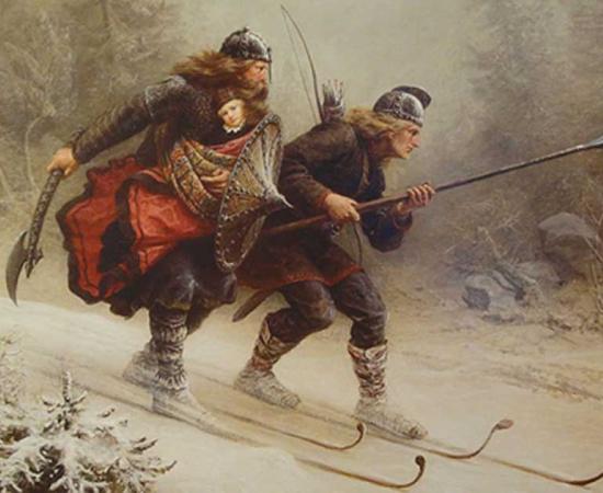 Skiing Birchlegs Crossing the Mountain with the Royal Child by Knud Larsen Bergslien 