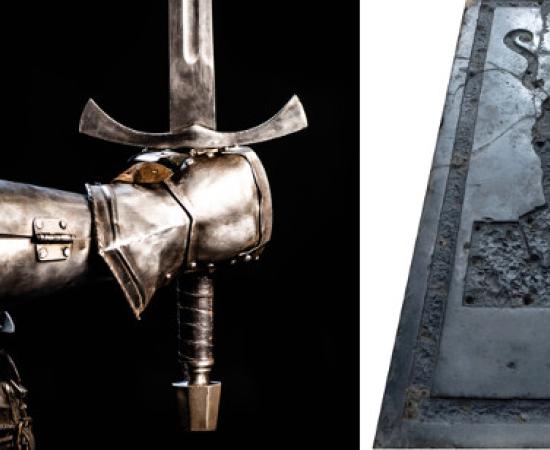 Top image: Left; Knight in armor, Right; Jamestown Knight tombstone.