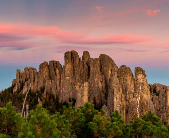 Landscape of Cathedral Spires at sunset, Custer State Park, Black Hills, South Dakota. Source: Danita Delimont / Adobe Stock.