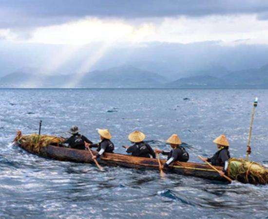 The team of five paddlers crossed 200 kilometers of open ocean and the Black Stream in a primitive log boat. Source: National Museum of Nature and Science/Tokyo
