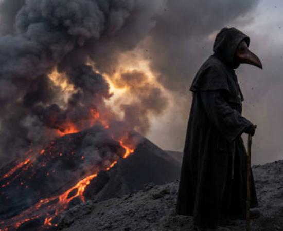 A volcanic eruption with a Plague Doctor.