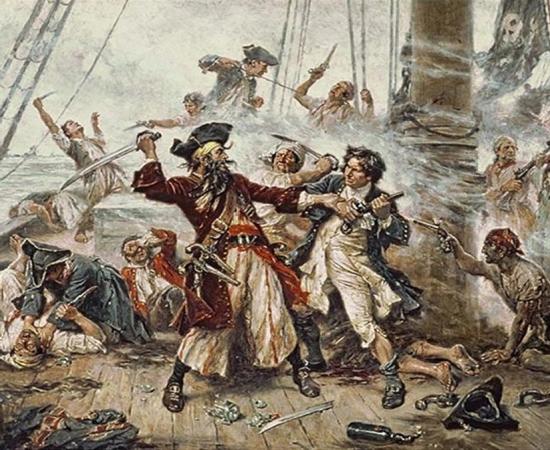 A painting entitled ‘Capture of the Pirate, Blackbeard, 1718’.