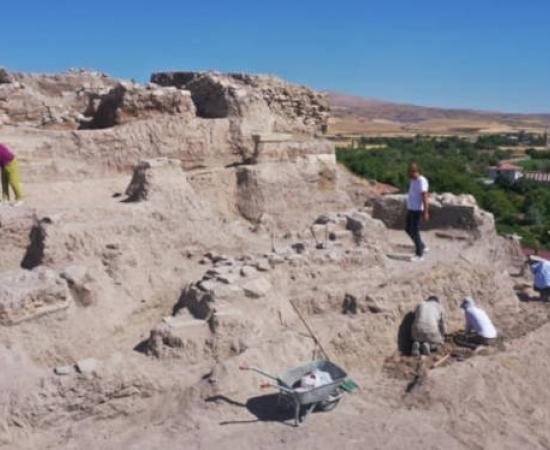 Archaeological excavation of the 6,000-year-old temple complex showing the blood channel and altar at Tadım Mound