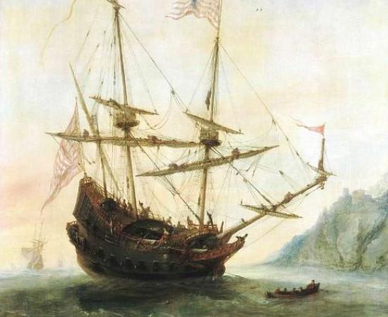 A painting of a Portuguese ship in the water