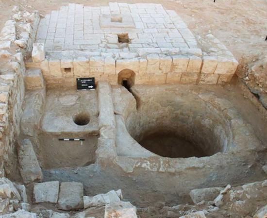 The wine press in Ramat Negev is intermeshed with a building, as seen above, summer 2017.