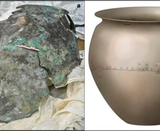(a) Photograph of the cauldron and what is left today. (b) artistic reconstruction of the cauldron as it would have looked when in use. Source: Wilkin et al. / iScience