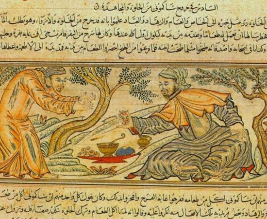 ‘Buddha offers fruit to the devil’ from 14th century Persian manuscript ‘The Jāmiʿ al-tawārīkh’ (Compendium of Chronicles).  