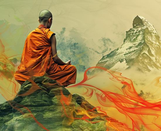 Bhuddist monk at one with the universe, AI generated.