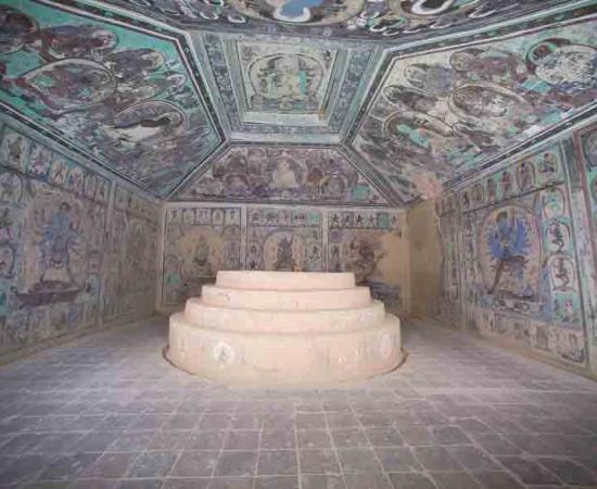 The ancient wall paintings inside Buddhist cave temple “Cave 465,” located near Dunhuang about 932 miles (1500 km) west of present-day Beijing. 