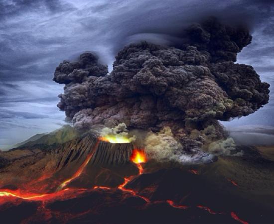 Depiction of a volcano erupting to show what the eruption at Budj Bim could have looked like.           Source: SiriusRzn / Adobe stock