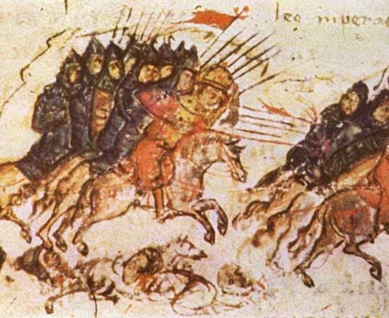 Miniature in the 14th century Constantine Manasses Chronicle depicting the Bulgars led by Khan Krum pursuing the Byzantines during the Battle of Versinikia in 813. Source: Public domain