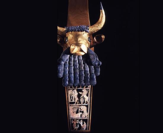 Left: Front angle of the reconstructed Bull Headed Lyre found in the Sumerian Royal Tombs of Ur in Mesopotamia, c. 2500 BC. Source: Penn Museum