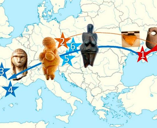 Map by the study authors depicting the location of the Buran Kaya III (1), Zlatý Kůň (2), Fournol (3), Serinyà (4), Krems-Wachtberg (5) and Věstonice (6) archeological sites, whose remains were were analyzed in the study. Also shown are one of the analyzed skull fragments and pierced beads discovered with the bone fragments from the Buran Kaya III site, as well as the Venus statuettes from Věstonice, Willendorf and the Dame de Brassempouy (from right to left).  Source: E-M. Geigl, provided by the author/The