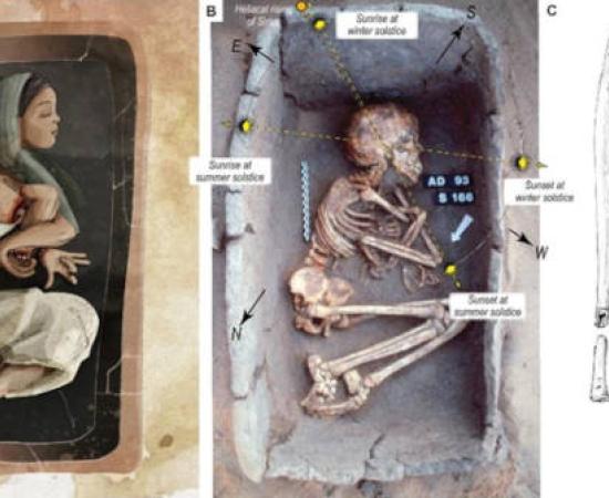 Burial S166 showing the adolescent female with severed arm positioned over ches