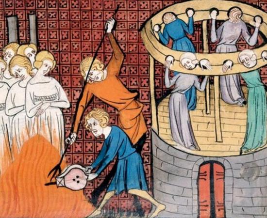 Burning witches and holding others in the Stocks, 14th century. 