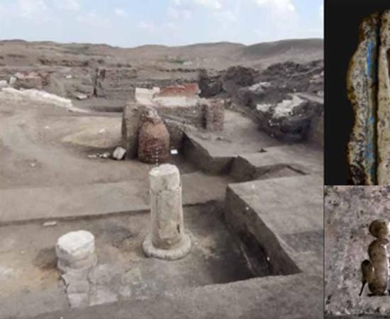 Left; Pillar Hall at Buto Temple, Right; Engraved ivory found at the site.  Source: Ministry of Tourism & Antiquities
