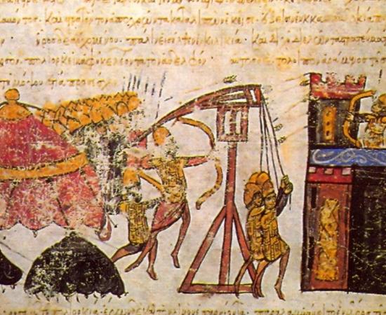 Image from an illuminated manuscript depicting a Byzantine siege of a citadel. A tactic of ancient biological warfare was to hurl infected dead bodies over city walls.