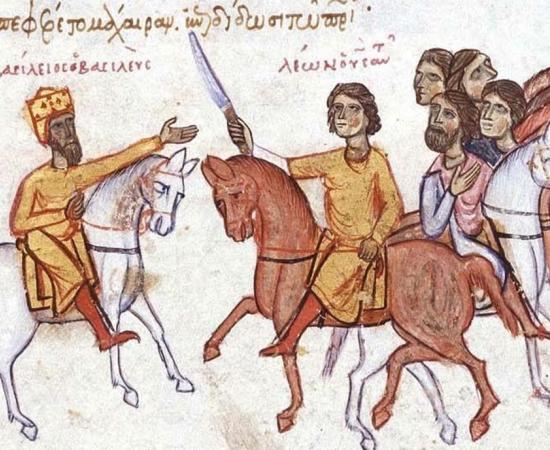 The Byzantine emperor Basil I (left) with his son Leo VI. Uploaded by Ghirlandajo, 2005