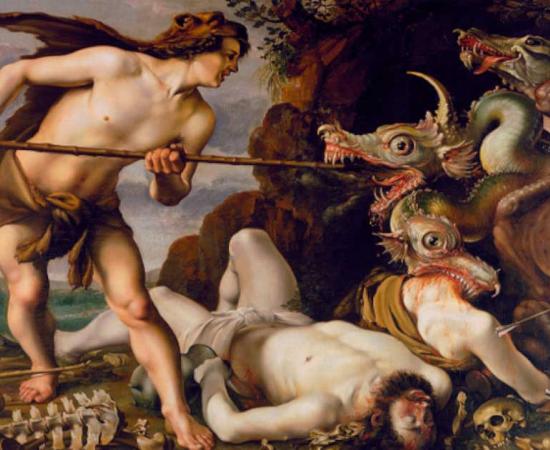 Cadmus, the first Greek hero and founder of Thebes, fighting the dreaded dragon in a painting by Hendrick Goltzius. Source: Hendrik Goltzius / Public domain