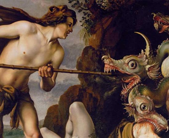  “Cadmus Slays the Dragon” by Hendrik Goltzius. The Greek myth of Cadmus fighting the serpent may be an allegory for the discovery of the Amazon River. In various accounts, the snake is instead referred to as a dragon or serpent. 