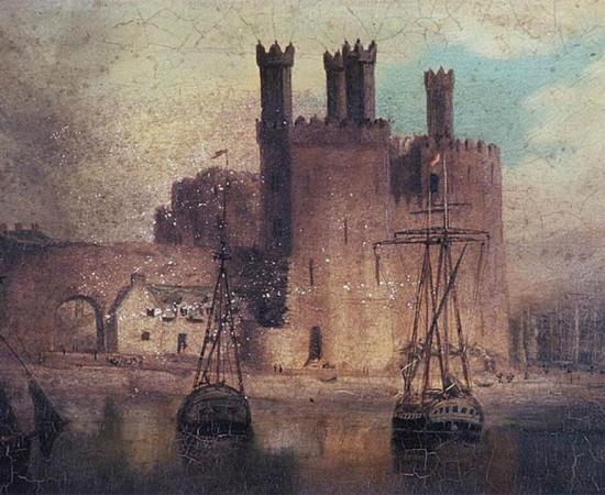 Oil painting of Caernarfon Castle in 1846 by Hugh Hughes, from the National Library of Wales. Photo source: Public domain.