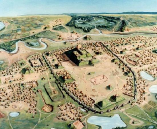 An illustration of North America's first city, Cahokia.