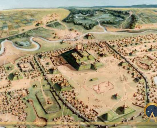 A painting of Cahokia Mounds State Historic site by William R. Iseminger. Source: William R. Iseminger