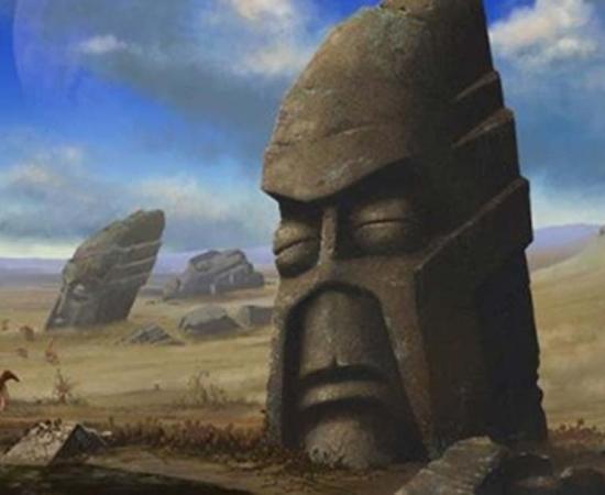 Stylized artists impression of Easter Island.