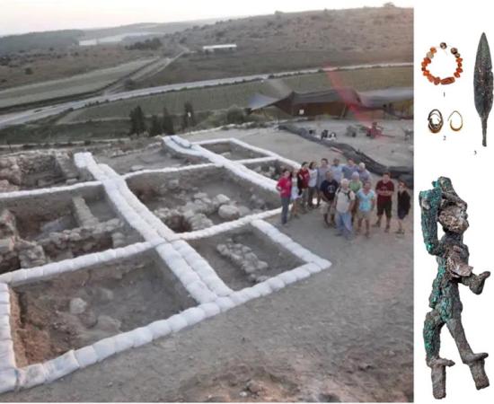 Left: Archaeologists at the Canaanite temple excavation site in Lachish, Israel. Source: The Fourth Expedition To Lachish / Southern Adventist University. Right: (top) Two tiny figurines depicting 'smiting gods' (could be Baal and Resheph) that were found by the altar of the temple and (bottom) weapons and jewelry found at the site. Source: Tal Rogovski / Hebrew University of Jerusalem    