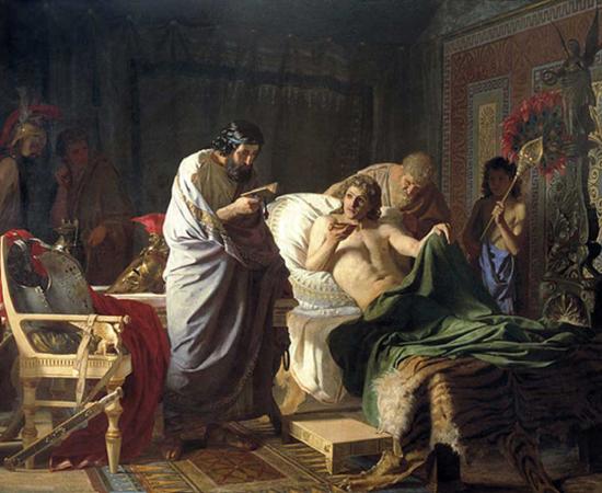 ‘Alexander of Macedon trusts the doctor Philip’ (1870s) by Henryk Siemiradzki. Alexander is drinking a draught prepared by his trusted physician Philip after suffering from a severe fever. Humoral theory was used to cure illnesses, from fever to cancer, in ancient Greece.