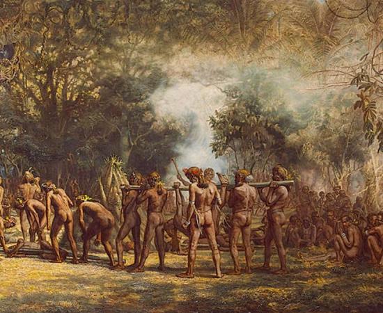 Cannibal feast on the Island of Tanna, New Hebrides by Charles E. Gordon Frazer (1863-1899). 