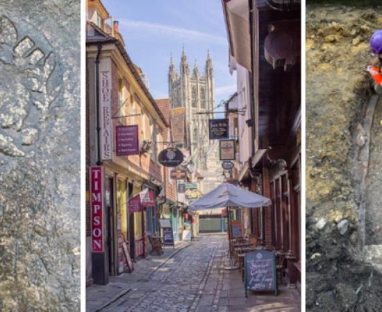 Left, skull engraved gravestone, center, Butchery Lane, Canterbury, Right, The vault under excavation.