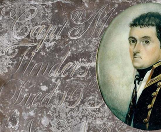 Detail of the breastplate from Captain Matthew Flinders' grave. (HS2) Insert: Watercolour miniature portrait of British navigator Matthew Flinders, dated about 1800.