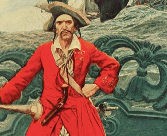 Captain Keitt: illustration of a pirate captain on deck. 	Source: 	Public Domain	
