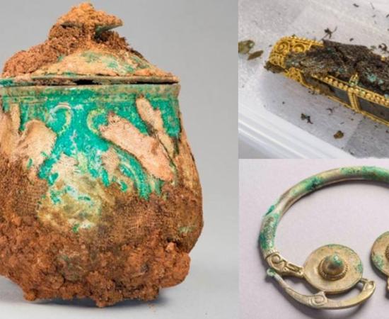 A finely wrought Carolingian vessel, still encrusted with pieces of textile 