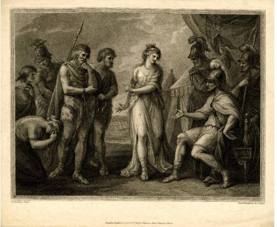 A print, entitled 'Caractacus, King of the Silures, delivered up to Ostorius, the Roman General, by Cartismandua, Queen of the Brigantes'