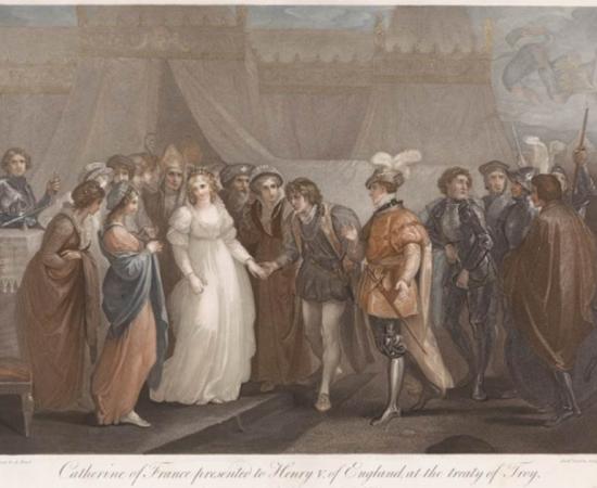 Catherine of Valois being presented to King Henry V of England at the Treaty of Troyes in 1420. Original print at the Rijksmuseum. Source: Rijksmuseum / CC0