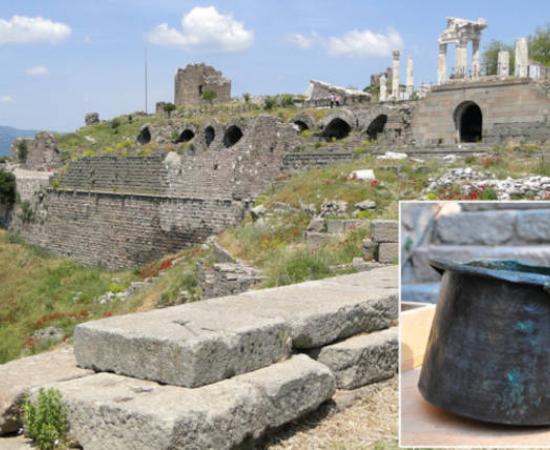 The ancient acropolis of Pergamon showing the extensive archaeological remains of this UNESCO World Heritage Site where the bronze cauldron was discovered. Inset; the cauldron. 